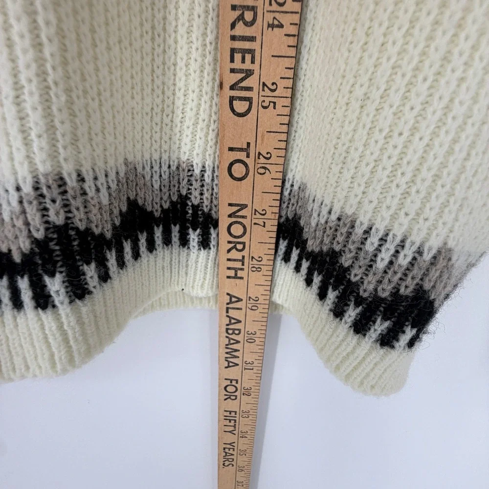 Vintage St Johns Bay Mens Full Zip Cardigan Sweater Cream Greek Key Fair Isle L
